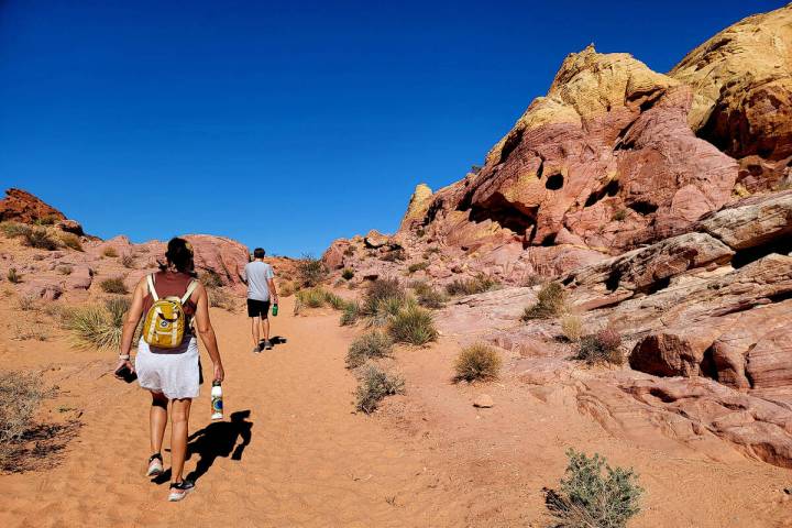 Visiting Northern Nevadans roam in late October through the colorful rockscape at Valley of Fir ...