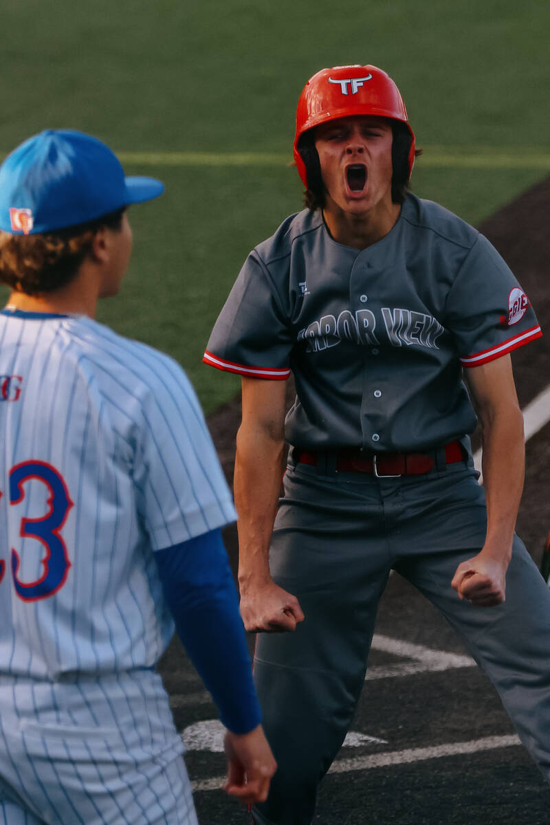 Arbor View runner Rhett Bryce (8) celebrates scoring another run for the Aggies during a game a ...