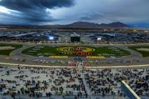 Rain clouds build up over the track and beyond during the NASCAR Craftsman Truck Series Ecosave ...