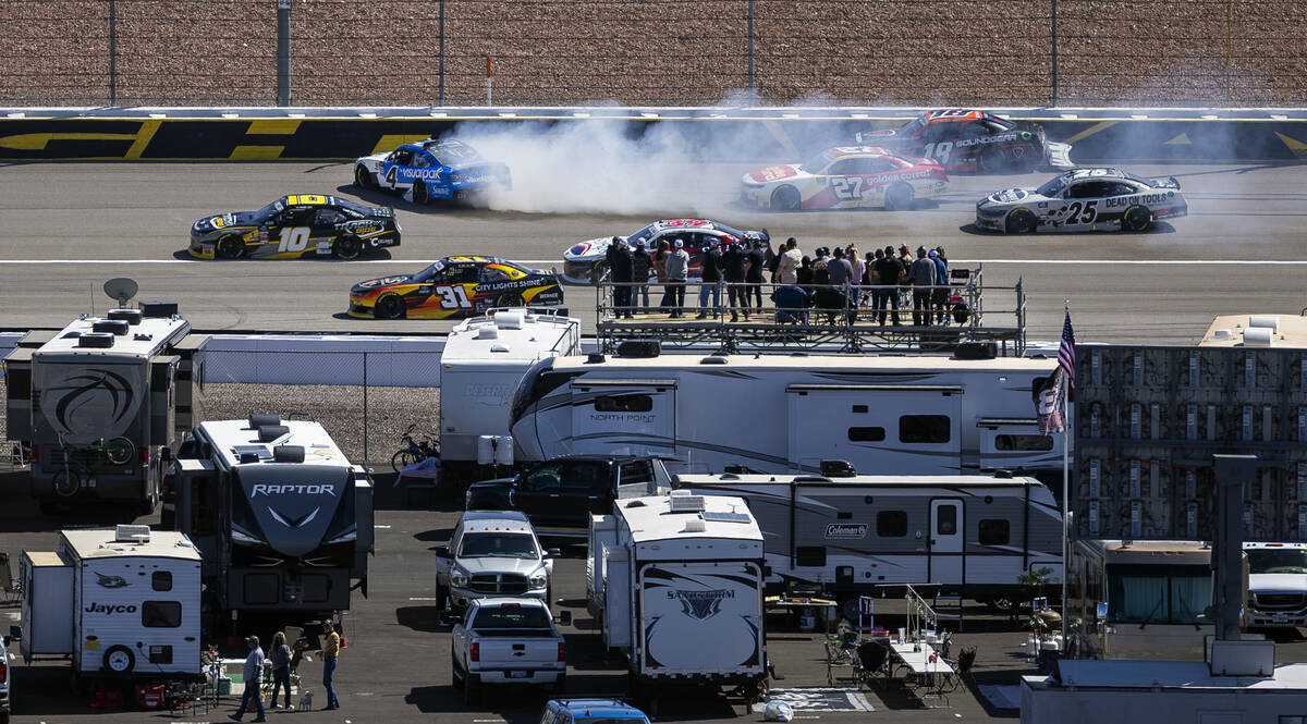 Parker Retzlaff (4) loses control of his car in traffic early during The LiUNA NASCAR Xfinity S ...