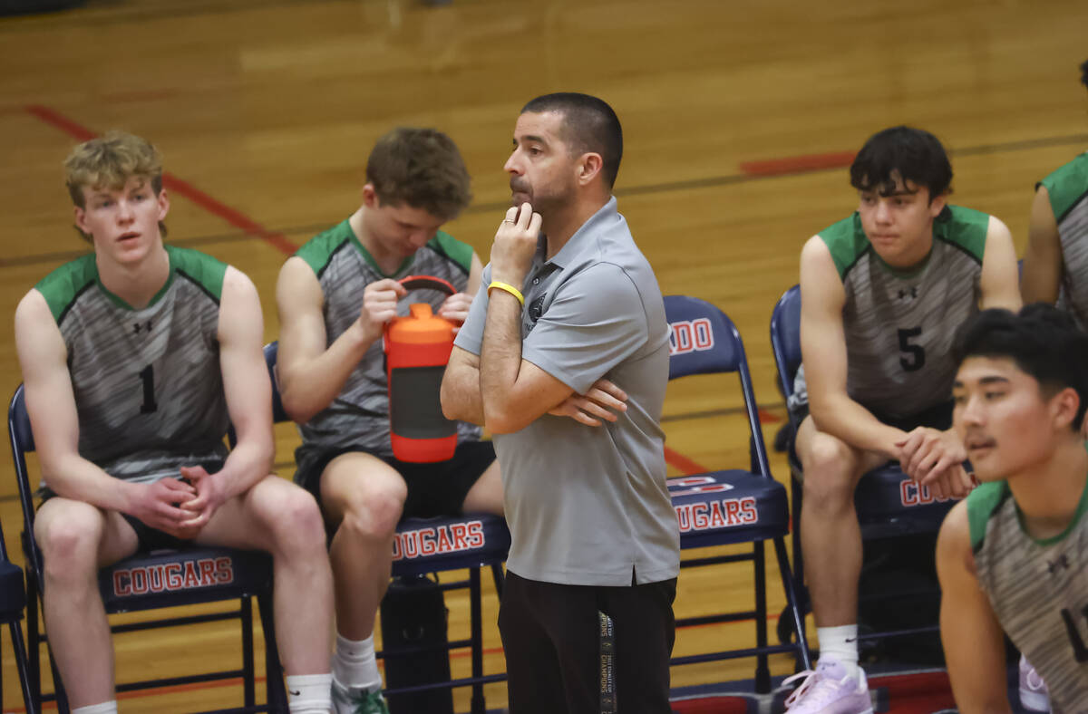 Palo Verde head coach Phil Clarke looks on during a high school volleyball game at Coronado Hig ...