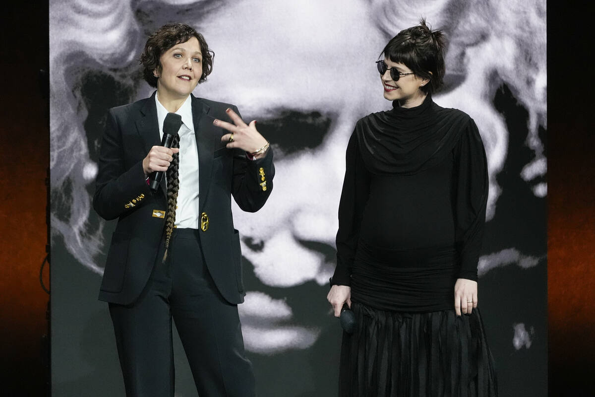 Maggie Gyllenhaal, left, director and producer of the upcoming film "The Bride," and ...