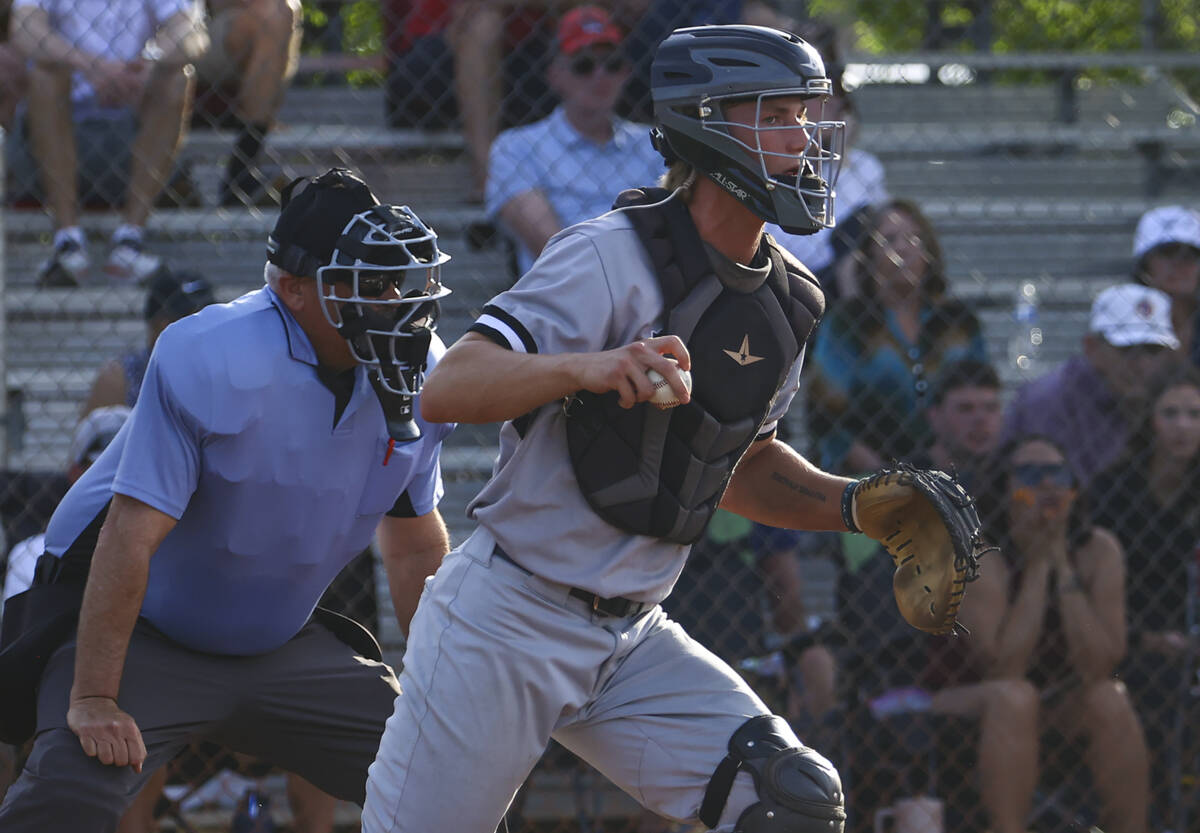Palo Verde catcher Brady Dallimore looks to throw the ball during a baseball game at Faith Luth ...