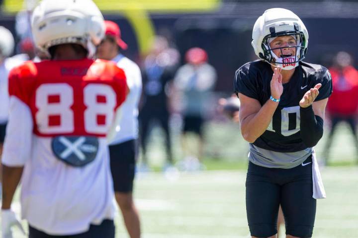 Quarterback Anthony Colandrea (10) motivates his teammates during UNLV spring football practice ...
