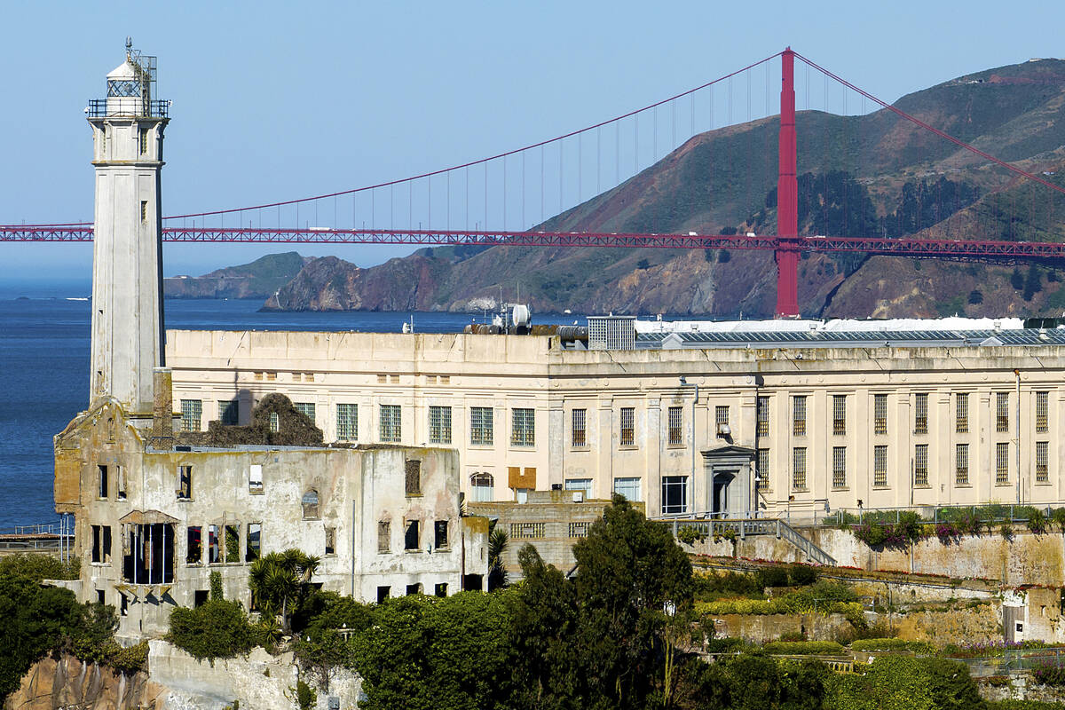 The Golden Gate Bridge stands behind Alcatraz Island on Monday, May 5, 2025, in San Francisco. ...