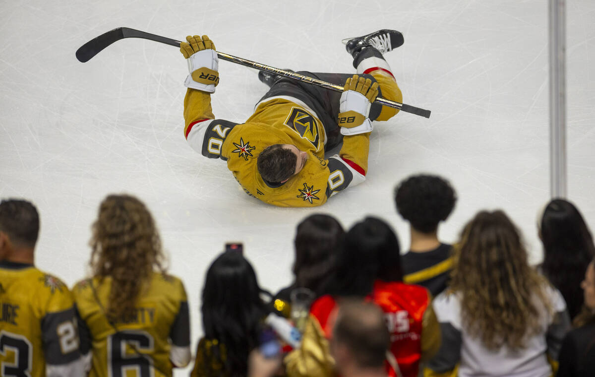 Golden Knights left wing Tanner Pearson (70) stretches during the warm up period of game two in ...