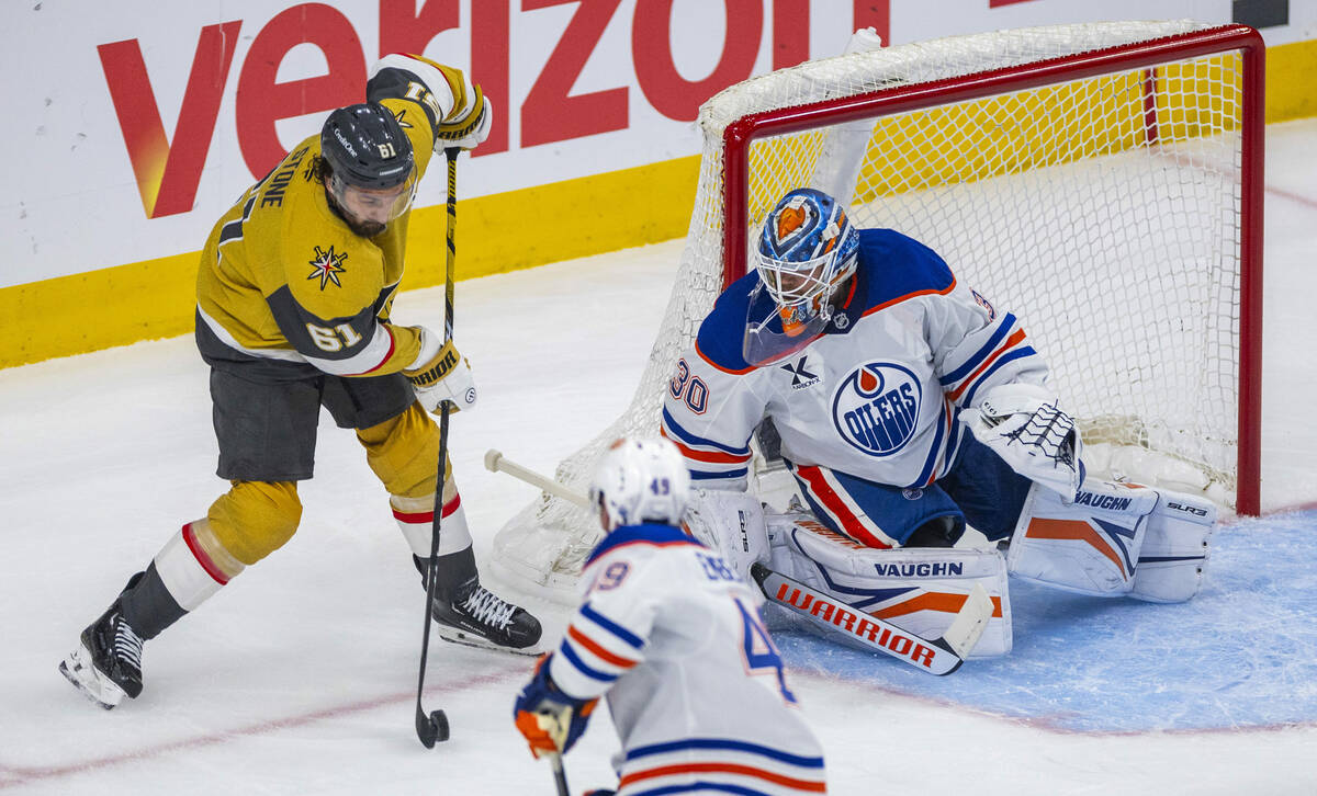 Golden Knights right wing Mark Stone (61) sets ups goal shots against Edmonton Oilers goaltende ...