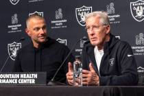 Raiders general manager John Spytek, left, and head coach Pete Carroll answer questions during ...