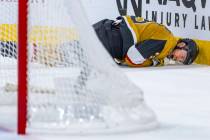 Golden Knights defenseman Brayden McNabb (3) crashes into the boards after being tripped by dur ...
