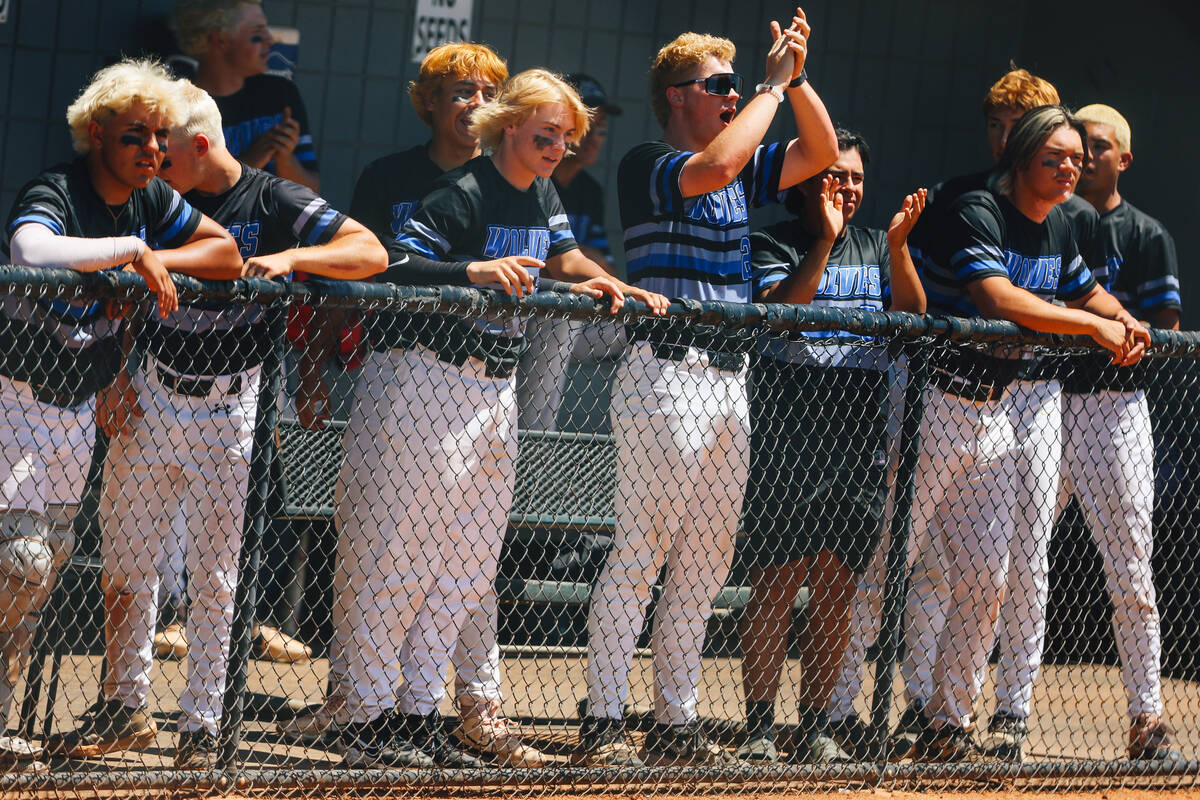Basic teammates cheer from the dugout during a 5A baseball Southern Region title game between F ...