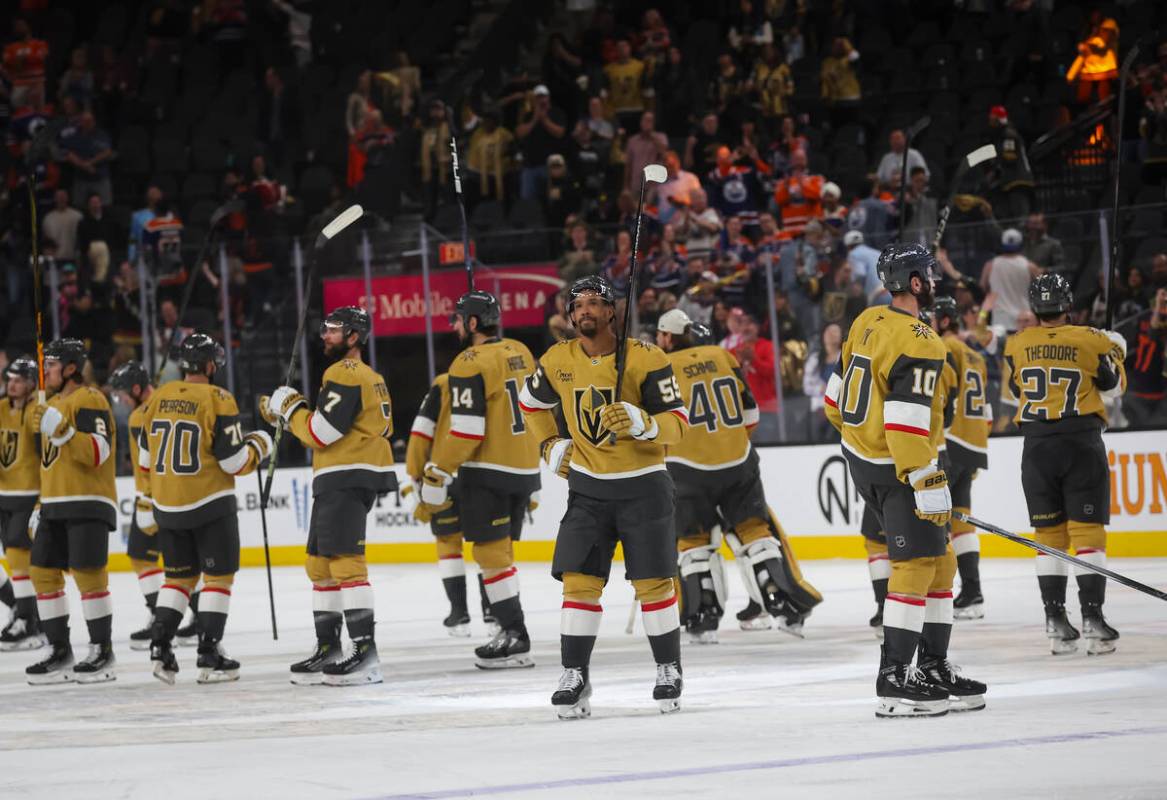 Golden Knights players acknowledge their fans after losing to the Edmonton Oilers in overtime i ...
