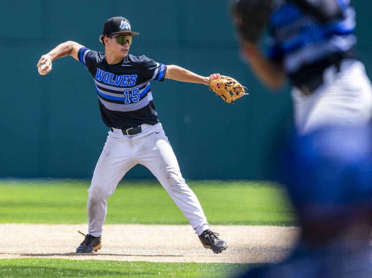 Basic infielder Lyndon Lee (15) throws the ball to first base against Faith Lutheran batter dur ...