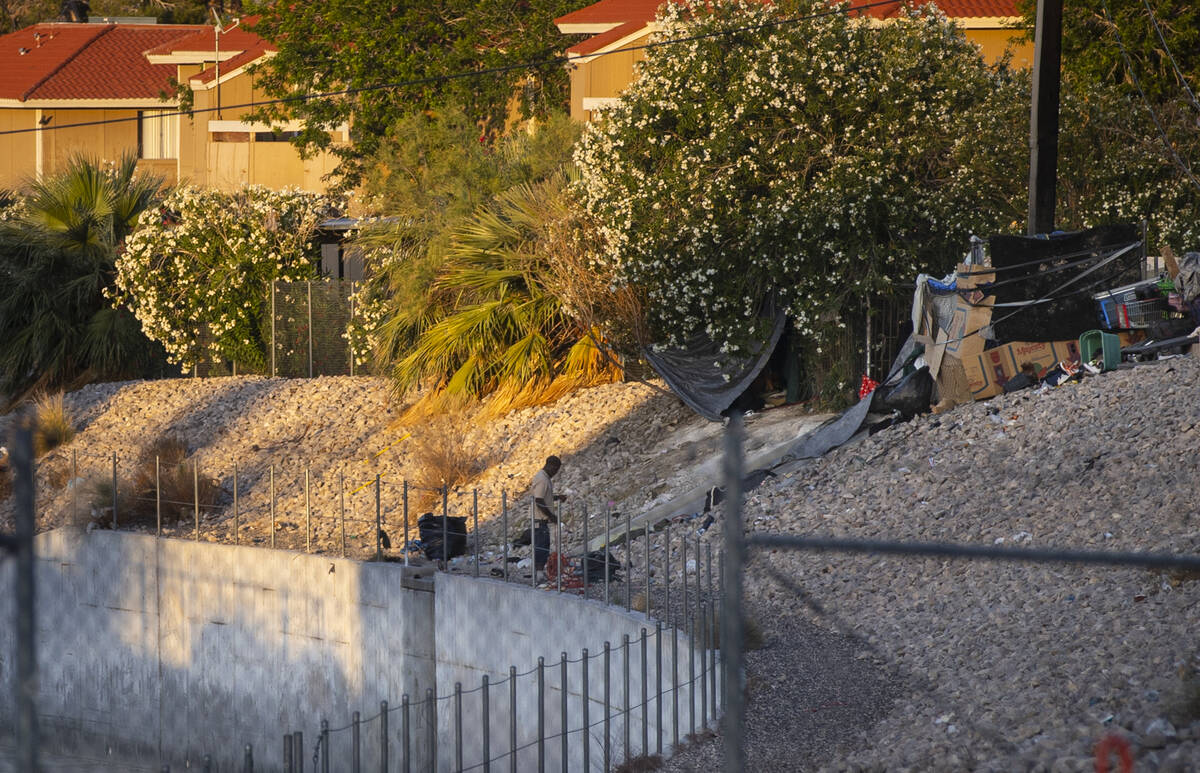 A man holding power cables stands near a homeless encampment along the Flamingo Wash off of Mar ...