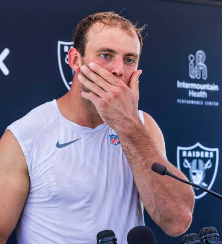 Raiders tight end Brock Bowers (89) listens to a question by the media during Raiders OTA pract ...
