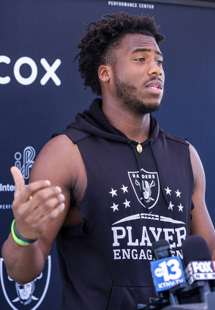 Raiders defensive end Malcolm Koonce (51) speaks to the media during Raiders OTA practice at th ...