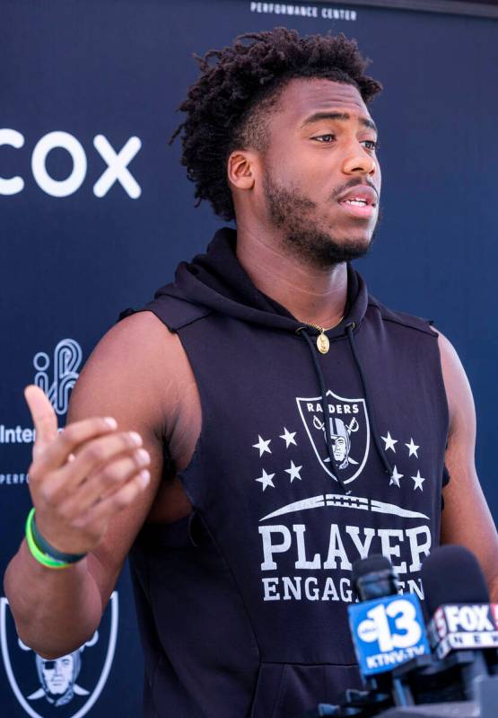 Raiders defensive end Malcolm Koonce (51) speaks to the media during Raiders OTA practice at th ...