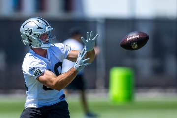 Raiders tight end Brock Bowers (89) looks in a pass during Raiders OTA practice at the Intermou ...