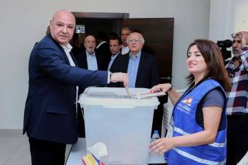 In this photo, released by the Lebanese Presidency press office, Lebanese president Joseph Aoun ...