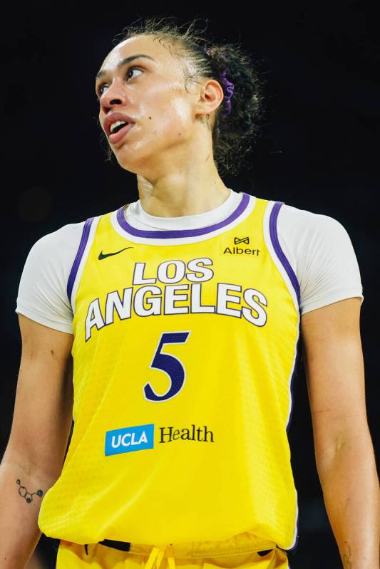 Los Angeles Sparks forward Dearica Hamby (5) reacts to game play during a WNBA basketball game ...