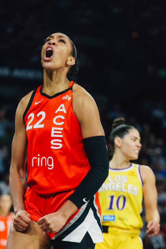 Aces center A'ja Wilson (22) celebrates drawing a foul during a WNBA basketball game between th ...