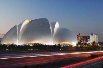An artist rendering of the Athletics' planned Las Vegas ballpark, shown during a March 6, 2025, ...