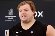 Raiders guard Jackson Powers-Johnson (58) addresses the media after organized team activities a ...