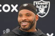 Raiders linebacker Elandon Roberts (52) addresses the media after organized team activities at ...