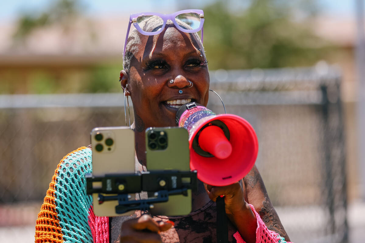 Shirley Raines livestreams while using a bedazzled bullhorn to organize one of her meals in the ...
