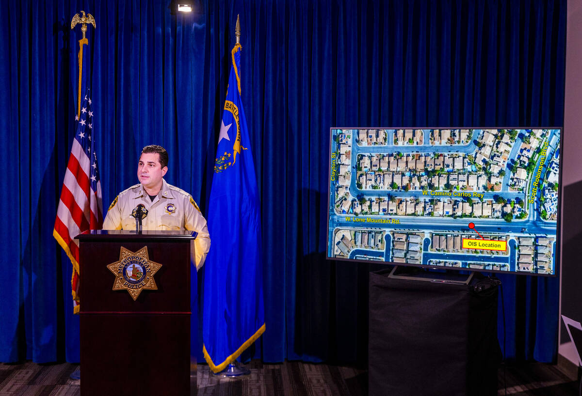 Asst. Sheriff Dori Koren gives an officer involved shooting update with a location map at the M ...