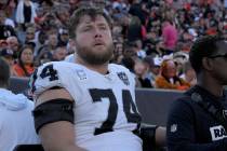 Las Vegas Raiders offensive tackle Kolton Miller is shown during the first half of an NFL game ...